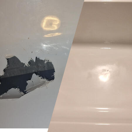 before and after picture of an acrylic bath crack repair in Bournemouth