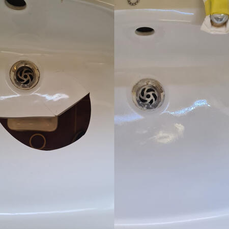 before and after picture of a ceramic sink crack repair in Newport Wales