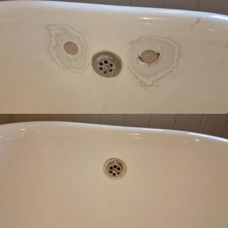 before and after picture of a cast iron tap holes filled and colour matched in Birmingham