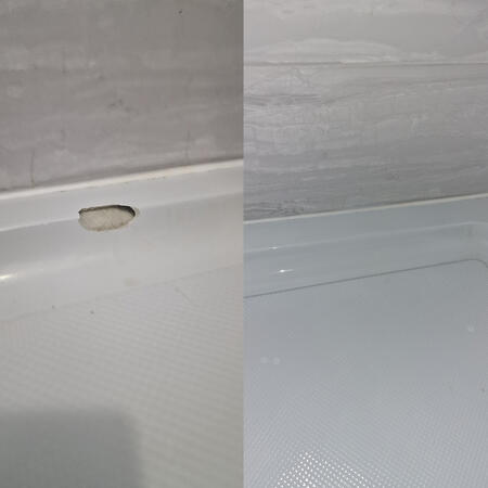 before and after. shower tray crack that was repaired in Gloucester