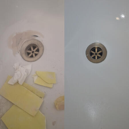 before and after picture of a steel bath with rusty plug hole Repaired in Bristol