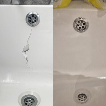 before and after picture of an acrylic bath crack repaired in Wolverhampton