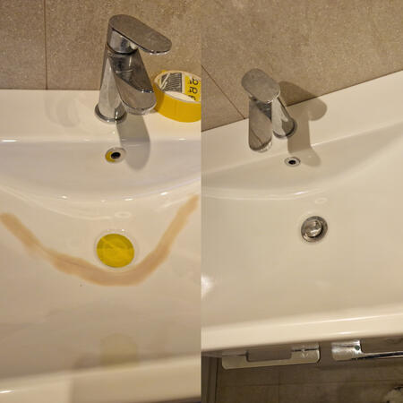 before and after picture of a ceramic sink crack repair in Birmingham