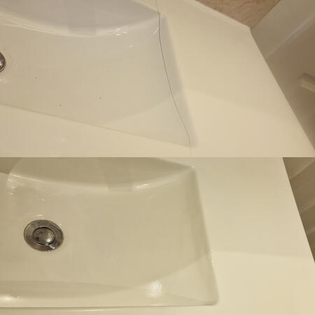 before and after picture of a ceramic sink crack repair in Swindon
