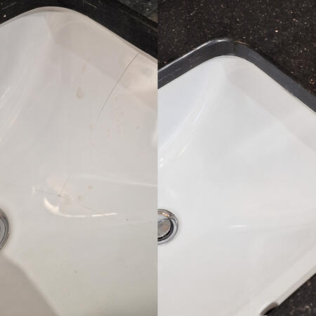 before and after of a ceramic sink that was repaired in a chain hotel in Cheltenham