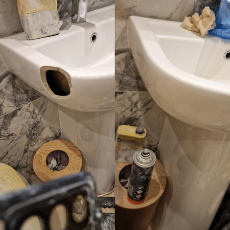 before and after pic of a ceramic sink with a massive crack easy repair for us in Salisbury