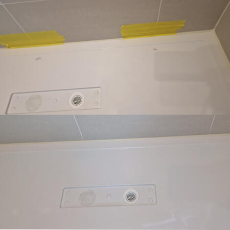 before and after picture of shower tray chips repaired in Cardiff