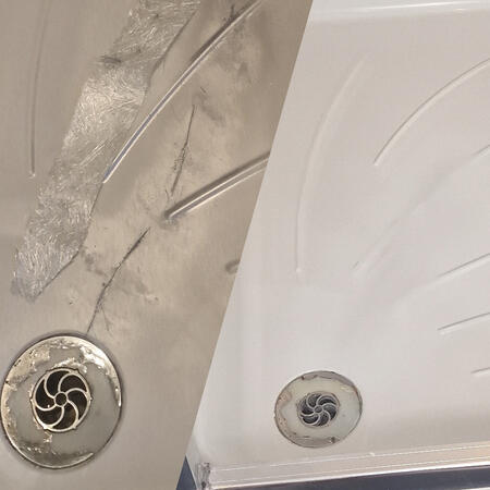 before and after picture of an acrylic shower tray crack repair in Swansea
