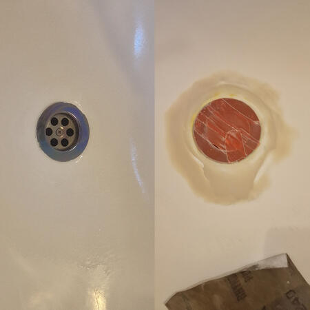 before and after of an acrylic bath chip next to the plughole made to look invisible