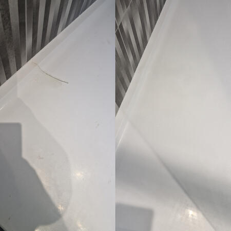 before and after pic of a shwoer tray that was cracked, we repaired this in Reading