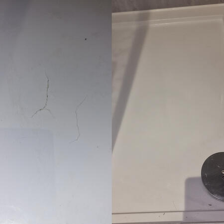 before and after pic of a cracking shower tray that was repaired in Oxford