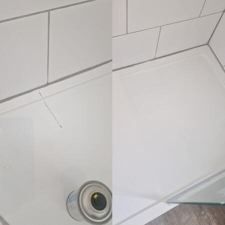 before and after of a shower tray crack that was repaired in situ just outside of Southampton