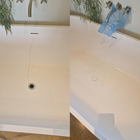 before and after of a stone resin bath that had a massive crack down the middle and was leaking we repaired this and was totally invisible this job was Done in Bath, somerset