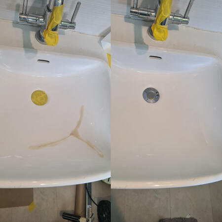 before and after picture of a ceramic sink crack repair in Bristol